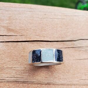 Handmade Enamal & Sterling Silver Ring- Midnight/Aqua (Size  6 1/2)